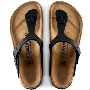 Size 8 / 39 Birkenstock Gizeh Black Faux Leather T Strap Sandal Regular Width
